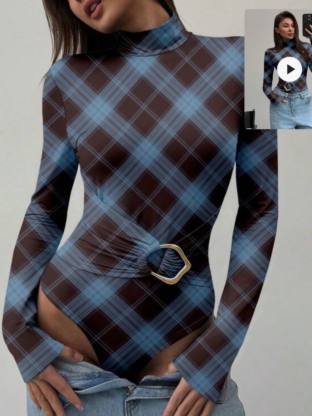 SHEIN Brown & Blue Plaid Mock Neck Bodysuit